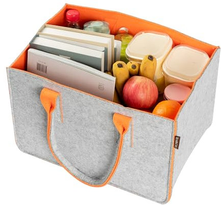 RAIKOU KULT Filz-Tasche Shopper NEU Filzkorb Einkaufstasche Henkeltasche Zeitungskorb Stabile Kaminholztasche Zeitungsständer auch für Spielzeug Garten Picknick Strand 40 * 27 * 27 Grau/Orange