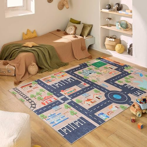 Nazar Kinderteppich für Kinderzimmer, Babyteppich, für Mädchen und Jungen, Motiv Dinosaurier, Weltkarte und Tiere (738 beige, 120x160 cm)
