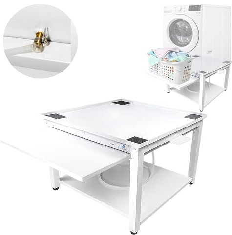 EZ Laundry Washer and Dryer Pedestals - Ergonomic 24-18 Stand with Drain Pan & Pull Out Shelf - White Steel Alloy Holds 800 lbs - Reduces Back Pains - Easy Setup - Laundry Pedestal for Washer Dryer