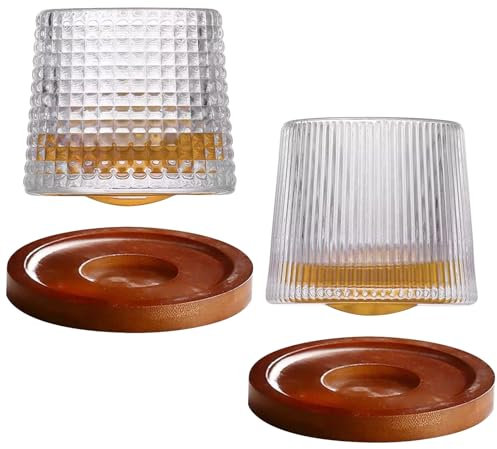 Asfrode Lot de 2 verres à whisky rotatifs, 200 ml, avec dessous de verre en bambou, verres à eau, tasses à café, pour dégustation, cocktails Scotch Bourbon pour idée cadeau