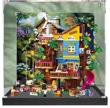 HCAEIOFJ Clear Acrylic Display Case for Lego Friends 41703 Applicable for Friendship Tree House Display Box Gift(Display Case Only) (Black Bottom+Background)