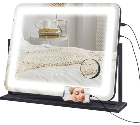 HOMCOM Miroir Lumineux LED intensité Miroir de Maquillage 3 Modes d'éclairage grossissement 10X, Port de Charge USB, Touche Tactile, Rotation à 360° - 62,5 x 52 cm
