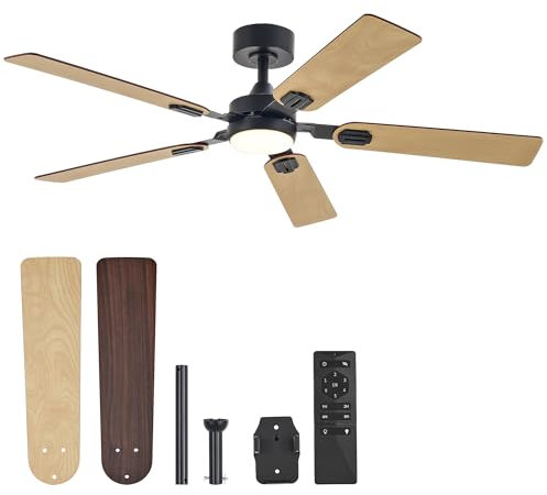 VONLUCE Ventilateur de Plafond avec Lumière Ø132CM 52 Pouces 5 Pales avec Télécommande Moteur DC Silencieux Réversible 6 Vitesses pour Chambre à Coucher Patios Salon, Noir, Marron Foncé/Bois Léger