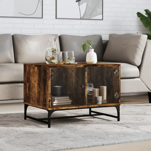 BOWEKAM Meubles, tables, tables d'appoint, tables basses, table basse avec portes en verre chêne fumé 68,5 x 50 x 50 cm
