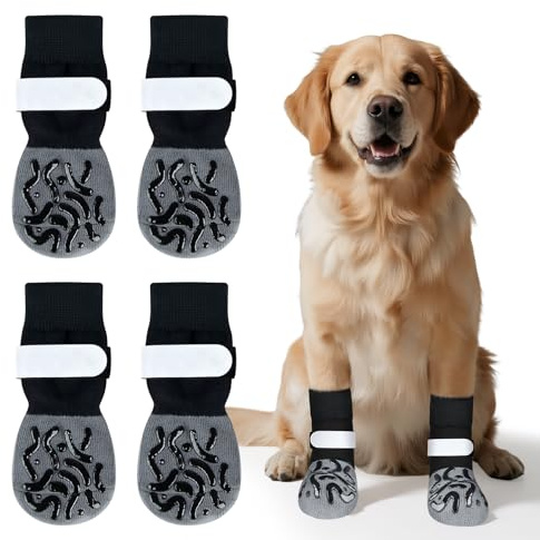 Kiiwah 2 Paar Doppelseitige Hundesocken Pfotenschutz Anti-Rutsch, Hundesocke mit Klettverschluss Riemen Leuchtband, HundeSchuhe Outdoor für den Innen und Außenbereich(Grau, M)
