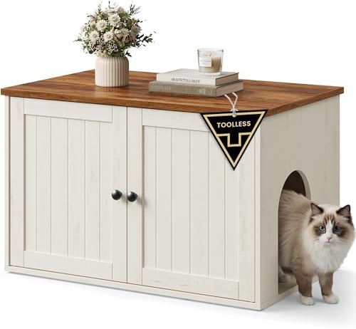 SONGMICS HOME Meuble Litière Chat, Assemblage Ultra-rapide sans Outils Toolless, Cache-litière pour Chats, Porte à Ouverture par Pression, Maison de Toilettes, Blanc Rustique et Marron Miel PCL233WJ05