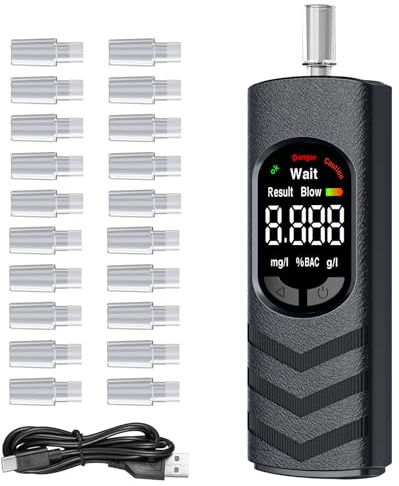 pewpuny Alkoholtester Atemalkoholtester Promilletester – digitaler breathalyser mit USB-C Akku, Halbleiter-Sensor, Farb-LCD, inkl. 20 Mundstücke, tragbar (Alcohol Tester, BAC)