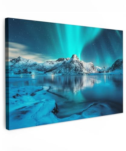 MuchoWow© Bilder Groß XXL Wohnzimmer Deko Modern Wandbild | 140x90 cm - Kunstdruck auf Leinwand Bild Schlafzimmer über Bett Room Decor Geschenke Nordlicht - Eis - Schnee - Norwegen
