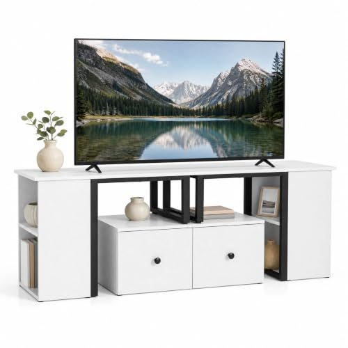 COSTWAY Mobile Porta TV Fino a 65, Mobile TV Soggiorno Estensibile | con 2 Cassetti e 4 Scomparti Aperti, Mobile Angolare per Televisore per Soggiorno e Camera da Letto, 140 x 30 x 50 cm