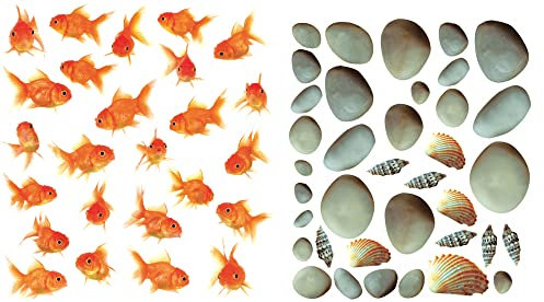 1art1 Fische Goldfische, Kieselsteine Und Muscheln Wand-Tattoo | Deko Wandaufkleber für Wohnzimmer Kinderzimmer Küche Bad Flur | Wandsticker für Tür Wand Möbel/Schrank 120x60 cm