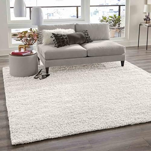 VIMODA Teppich Prime Shaggy Hochflor Einfarbig Weiss Creme Weich für Wohnzimmer, Schlafzimmer, küche, Maße:140x200 cm