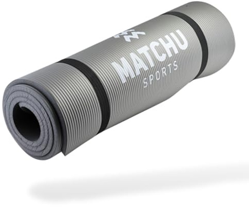 MATCHU – Fitnessmatte – Yogamatte – Sportmatte – Inklusive Tragegurt – Rutschfest – Grau – 180 x 60 x 1 cm – Aus strapazierfähigem NBR