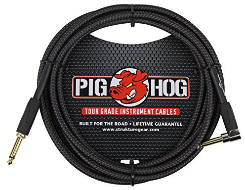 Pig Hog PC-H10BKR 1/4 Right-Angle to 1/4 Black Woven Guitar Instrument Cable, 10 Feet