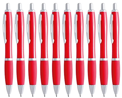 eBuyGB Pack of 10 Ballpoint Pens Blue Ink Retractable Push Button Pen, Red