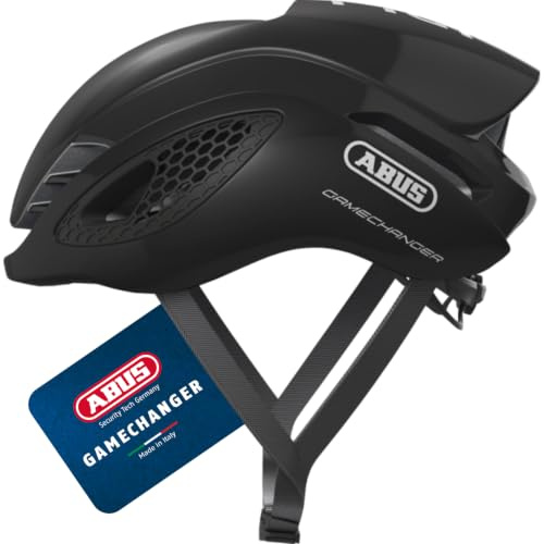 ABUS Rennradhelm GameChanger - Aerodynamischer Fahrradhelm mit optimalen Ventilationseigenschaften für Damen und Herren - Schwarz Glänzend, Größe L | Fahrradhelm mit aerodynamischen Gurtbändern, kühlendes Luftstrom-System, Brillenhalterung, Verstellsystem, Zopf-Öffnung