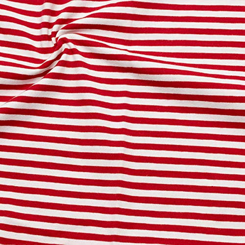 STOFFKONTOR Baumwoll Stretch Jersey Stoff Classic Ringel 2 - Meterware, Rot Weiss - Öko-Tex Standard - zum Nähen von Kleidern, Röcken, Shirts, Dekoration, UVM.