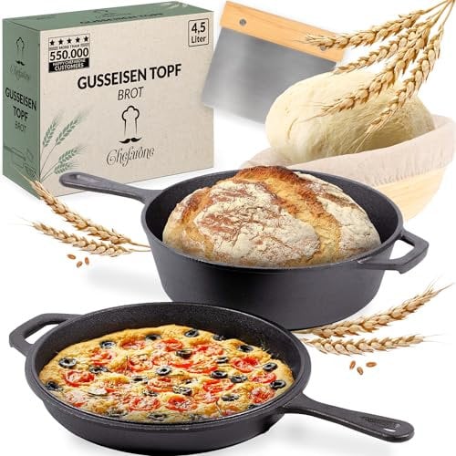 Chefarone Cast Iron Pot 2-in-1, Dough Scraper, Bread Baking Mould Lid, 3 litres Roasting Dish for Oven, Safe Pot for Home