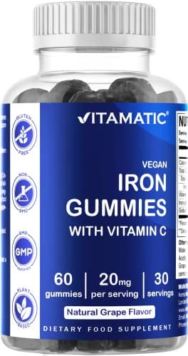 Vitamatic Iron Gummies Supplement for Women & Men - 20mg Serving - 60 Vegan Gummies - Great Tasting Iron Gummy Vitamins with Vitamin C
