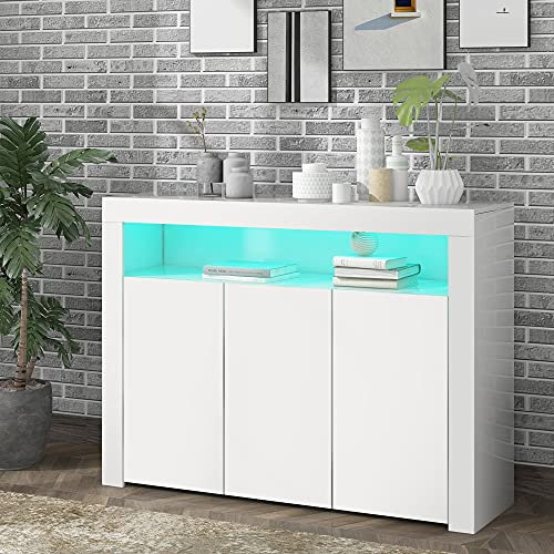 LED Sideboard Cabinet, Modern High Gloss White 3-Door Wood Buffet Cupboard Storage Unit with Remote Control for Kitchen Living Room Dining Room Hallway