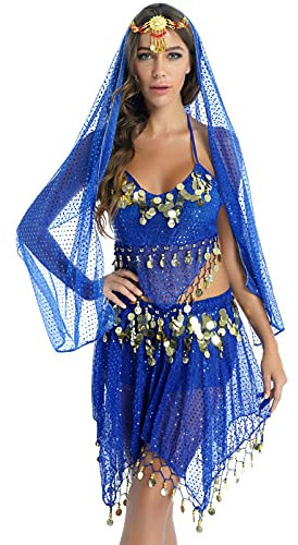 YOOJIA Damen Bauchtanz Kostüm Set Indische Tanz Kleidung mit Münzen 4-teilig, mit Oberteil, Hose, Hüftschal, Schleier Karneval Kostüm B Royal Blau mit Rock Einheitsgröße