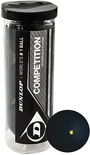 Dunlop Sports Competition Squash Ball, Single Yellow Dot, 3-Ball Tube, Black/Single Yellow Dot