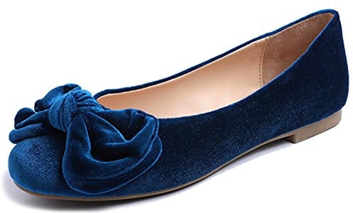 Feversole Women's Round Toe Cute Bow Trim Ballet Flats Dolly Shoes Peacock Velvet Bow 4 UK