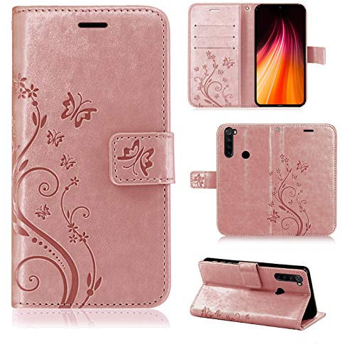 betterfon Hülle Kompatibel mit Xiaomi Redmi Note 8 (2021) | Premium PU Leder Handyhülle Wallet Case für Redmi Note 8 (2021) | Schutzhülle Blumen Klapphülle Handyhülle | Rosegold