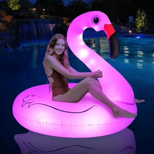 FlyfreeU Flamingo Aufblasbare Poolschwimmer mit Lichtern, solarbetriebene Flamingo-Poolschwimmer für Erwachsene, 106,7 cm Poolschwimmer See Strand Floaty, Schwimmbad Float Float Lounge für Erwachsene