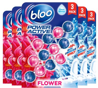 Bloo Power Active Toilet Rim Block Fresh Flowers, with Anti-Limescale, Cleaning Foam, Dirt Protection and Extra Freshness - Pack of 15 Rimblocks