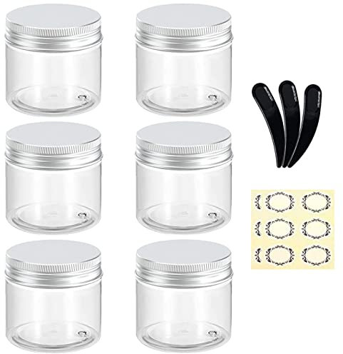 Alledomain 6Pcs 100ml/100g Empty Plastic Jars Round Clear Cosmetic Slime Containers with Inner Liner & Aluminum Lids, Include 3 Mini Spatulas & 6 Label for Lotion/Cream/Makeup/Sample Travel Storage