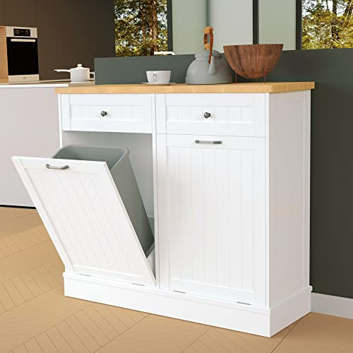 Betterhood 37 Litre Wood Laundry Sorting Cabinet Recycling Cabin with Hidden Drawer Tilting Bin Kitchen Bin