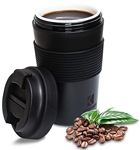 Klaraber Ceramic Travel Mug with Lid, Portable Ceramic Cup with Sleeve, Leakproof Ceramic Lined Coffee Cup Travel Mug, Reusable Coffee Cup, 350ml / 12oz (Black)