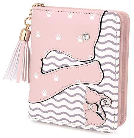 UTO Portefeuille pour Filles Mignon Chat Cuir Vegan Petite Femme Porte-Cartes Kawaii Porte-Monnaie avec Gland Rose