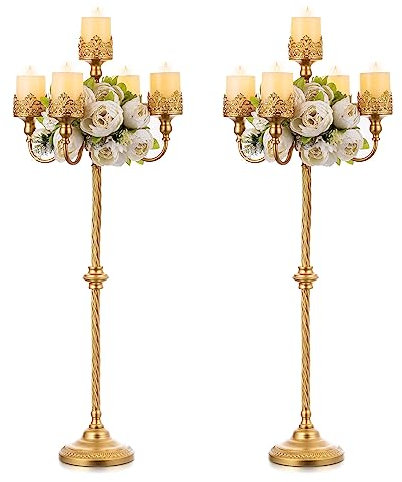 Nuptio 5 Armig Kerzenleuchter 102cm Stumpenkerzenhalter: 2 Stück Kerzenständer Groß Boden 5 Kerzen Kerzenhalter Kandelaber Vintage Stumpenkerze Stehen für Weihnachten Kaminsims Hochzeit Empfang