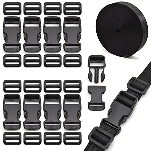 Eviznbou 10M Gurtband 25mm Nylon Gurtband mit 10 Paar Kunststoff Schnallen, 20 Tri-Glide-Schieber für Rucksack Gepäckgurten Tasche Hundehalsband Rucksackersatz (Schwarz)