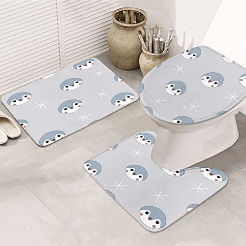 rutschfeste 3 Badteppich Set Niedlicher Pinguin Bedruckt Küchentürteppich Anti-Rutsch Dekorative Teppiche Und Toilettendeckel, Für Badewanne, Badezimmer