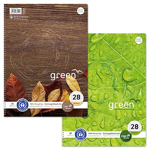 Staufen Design Collegeblock - DIN A4, Lineatur 28 (kariert mit Randlinien), 2 Blöcke je 100 Blatt, 4-fach Lochung, 70 g/m² Recyclingpapier