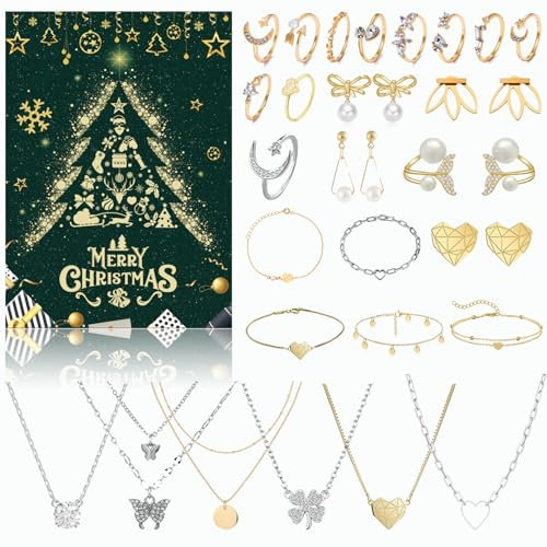 Schmuck Adventskalender Frauen 2024 Mädchen Weihnachtskalender, 24 Überraschungen - Armband Halskette Ring Ohrringe, Countdown Kalender, Damen Schmuck Set, Weihnachten Geschenk für Damen Mädchen.
