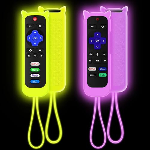 Schutzhülle für Roku-Fernbedienung, Abdeckung für Hisense/TCL Roku TV Steaming Stick/Express, Silikon-Schutzhülle, Universal-Ersatzhülle, leuchtet im Dunkeln, Violett, Gelb, 2 Stück