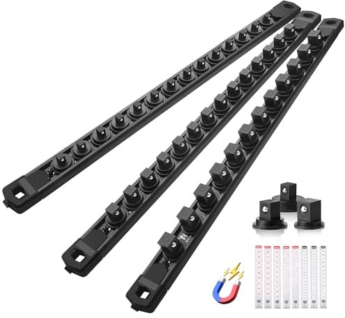 Reniteco Magnetic Socket Organizer Set, 3-Piece 1/2 3/8 1/4 Drive Aluminum Alloy Socket Holder with 40PC 360° Swivel Removable Clips, Magnetic Socket Rail for Tool Box Drawer, Black