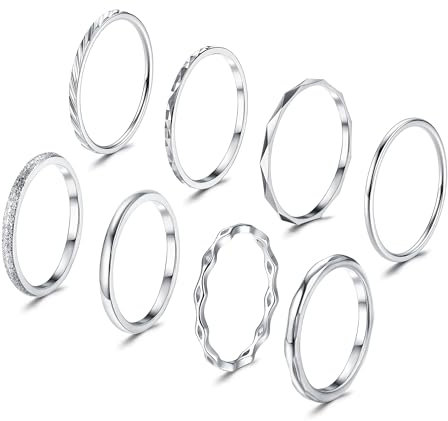 JeweBella 8 Stück Silber Ringe für Damen - Edelstahl 1MM Plain Dünn Midi Fingerring Minimalistisch Daumenringe Set Stapelbarer Knuckle Einfaches Twist für Frauen