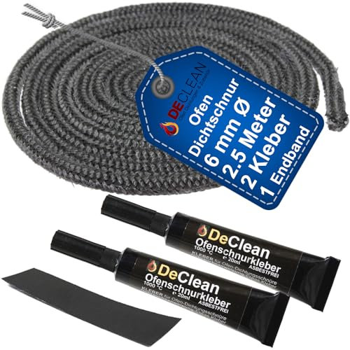 DeClean - Ofen Dichtschnur für Kaminofen Ofendichtung 2,5 Meter Kamin Dichtband 6mm mit hitzebeständiger Kleber Ideal für Kamin, Ofen Reparatur Kamindichtung