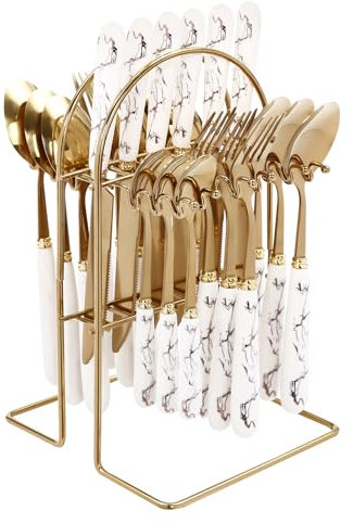 24 Pieces Flatware Set with Holder Cutlery Set with Knives Forks Spoons Coffee Spoons Cutlery Set Service for The Daily Needs of The Family, Golden (White Handle with Gold Edge)