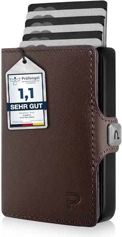 PURISTO KLIK Minimal Slim Wallet - Mini Portemonnaie und Geldbörse für Herren aus Echtleder - Kleines Kartenetui mit RFID Schutz für 10-12 Karten - Dunkelbraun