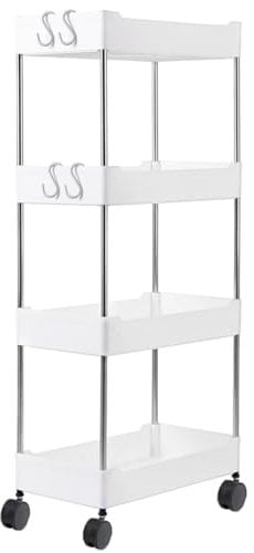 Chariot de rangement fin à 4 niveaux, chariot utilitaire coulissant à roulettes, étagère mobile pour cuisine, salle de bain, buanderie, bureau, blanc