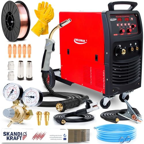 Weldman MEGA MIG 275 4x4 PULS - 400V poste a souder mig avec gaz 270 A - synergie totale - MIG/MAG, PULS, MMA, fil fourré - soudage par points, soudobrasage - 4 roulettes - Kit basic