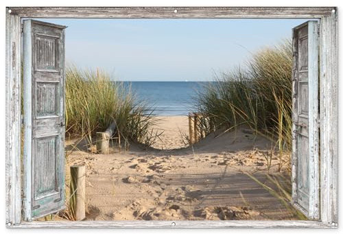 MuchoWow© Gartenposter Groß XXL Outdoor Bilder Gartendeko für draußen | 180x120 cm - Wetterfest Garten Sichtschutz Terrasse Deko Banner Bild Düne - Strand - Fenster - Sommer