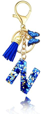 Baofuwan Schlüsselanhänger mädchen Frauen Buchstabe Schlüsselanhänger key chain mit Anfangsbuchstaben Schmetterling Quaste Rosa Blau Golden für Geldbeutel Handtaschen Schultasche