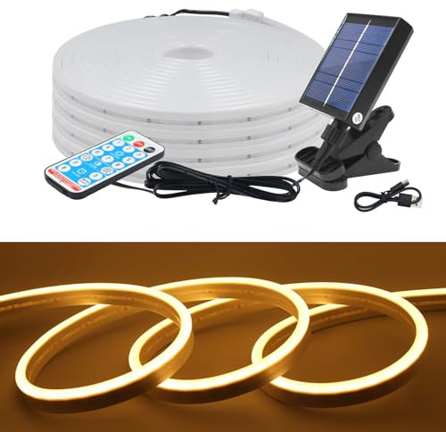 KISUFU Outdoor Solar Powered 12V Neon LED Strip, 2835 120 LEDs/m IP67 Waterproof Solar LED Strip Lights With 1.2W USB Clip Solar Controller for Garden, Home, Holiday, Patio, Party DIY Decoration.
