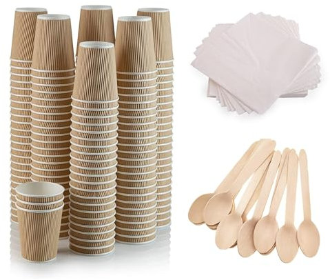 HOT BARGAINS 100 X 12oz Disposable Coffee Cups + 100 X Wooden Spoons + 100 X Napkins for Takeaway Restaurants and Cafes